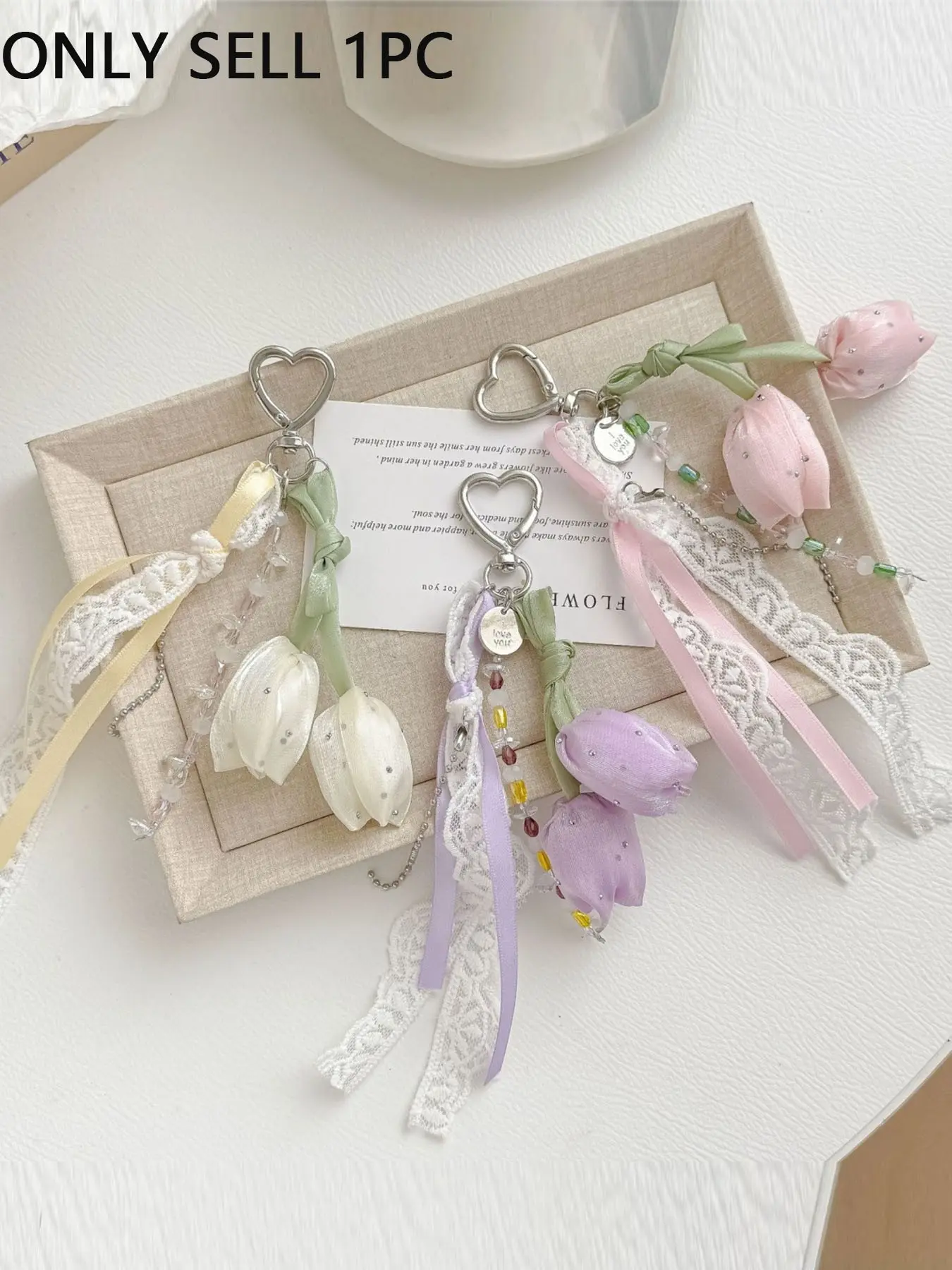 Handmade Tulip Bag Charm with Lace Ribbon, Pink Fabric Flower Keychain for bags with Heart Clasp, Sweet Accessory