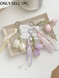 Handmade Tulip Bag Charm with Lace Ribbon, Pink Fabric Flower Keychain with Heart Clasp, Sweet Accessory