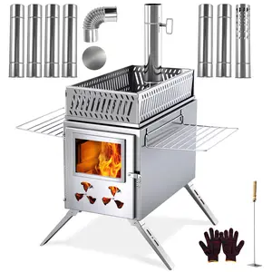 Naudacaa Stainless Steel Portable Wood Camping Stove, Includes 7 Chimney Pipes & Gloves, Hot Tent Stove for Heating, Cooking, Ice Fishing & Hunting Outdoors