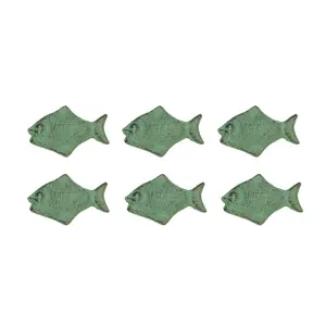 Set of 6 Verdigris Green Cast Iron Fish Drawer Pulls Decorative Bathroom Cabinet Knobs