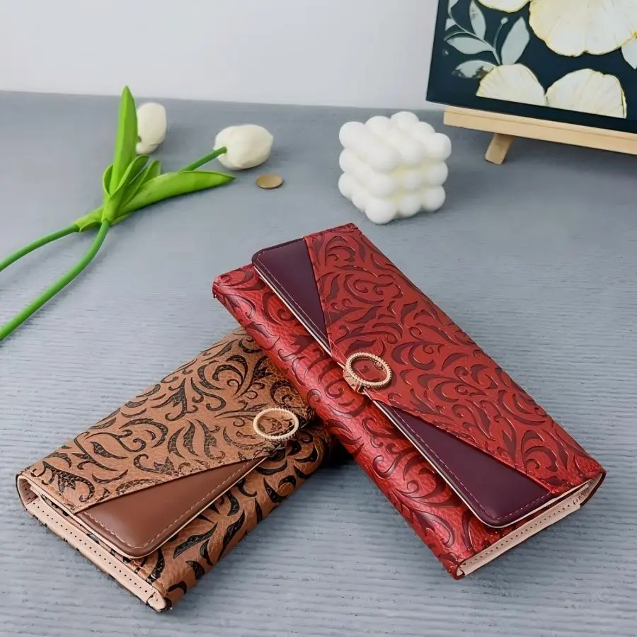 Women's Vintage Floral Embossing Long Wallet - Casual Wear, Buckle Close, Street Look, Large Capacity, Multi Card Slots, Zippered Coin Pocket, Envelope Clutch Purse, Ladies Handheld Money Bag (W26)