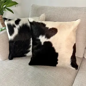 1-of-1 Genuine Cowhide and Black Leather Pillow Cover 15x15 - Luxurious Home Decor, Natural Hair on Hide, Accent Pillow, Western Decor