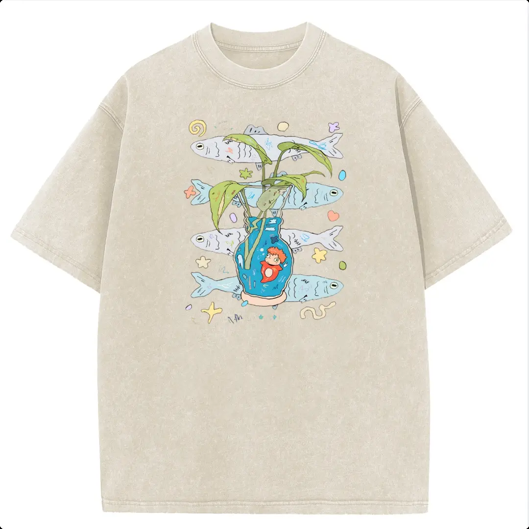 Holafish Ponyo Vase Fish Pattern Acid Wash Vintage T-Shirt, Heavyweight Cotton Streetwear Graphic Vintage Tees Menswear Womenswear Crewneck Tshirt