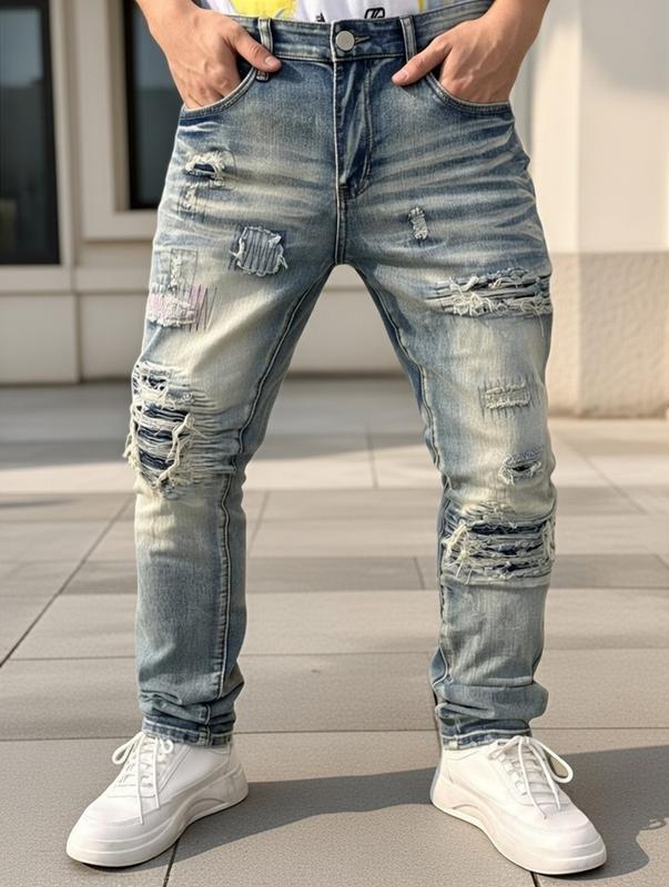 Men's Washed Vintage Straight-Leg Distressed Jeans with Holes Retro Style Casual Wear Unwashed Denim Perfect for Holidays & Parties Dark Wash Slim Fit Jeans Drawstring Elastic Waist levis 527 size  12  jeans Embroidered Camouflage Double Shorts ed hardy S