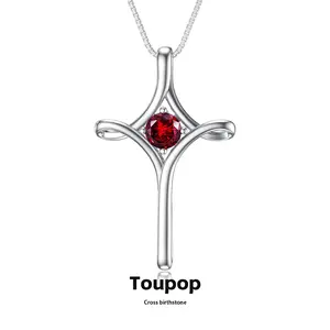 TOUPOP Cross Necklace for Women,925 Sterling Silver Birthstone Cross Necklace Fine Faith Jewelry Birthday Anniversary Christmas Gifts for Women Mom Wife Girlfriend