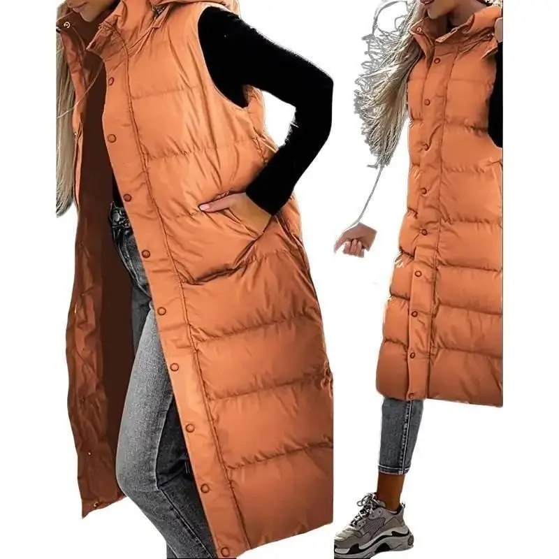Womens Long Puffer Vest  Quilted Hood, Button Down Winter Coat 2025