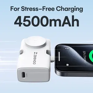 ZEEHOO Tiny Wireless Charger Power Bank - Built-In USB-C & Lightning Connector for iPhone15 14 13 12 11, Samsung Z Flip 4 3,S23+S22S21 S20 S20+ Note 20 10 S10, USB Type-C, Apple Watch & Smart Watch Wireless Charging, Portable Size for Smartphone