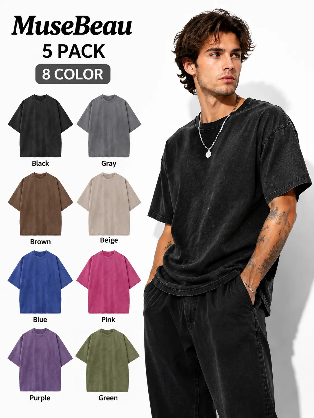 MUSEBEAU Unisex 100% Cotton 5-Pack Oversized Vintage Heavyweight Acid Wash Baggy Crew Neck Short Sleeve Tees - Plain, Breathable, Retro Streetwear, All Seasons Tops for Gym, Summer Outfits,Womenswear Menswear Top,Round Neck,back to school shopping