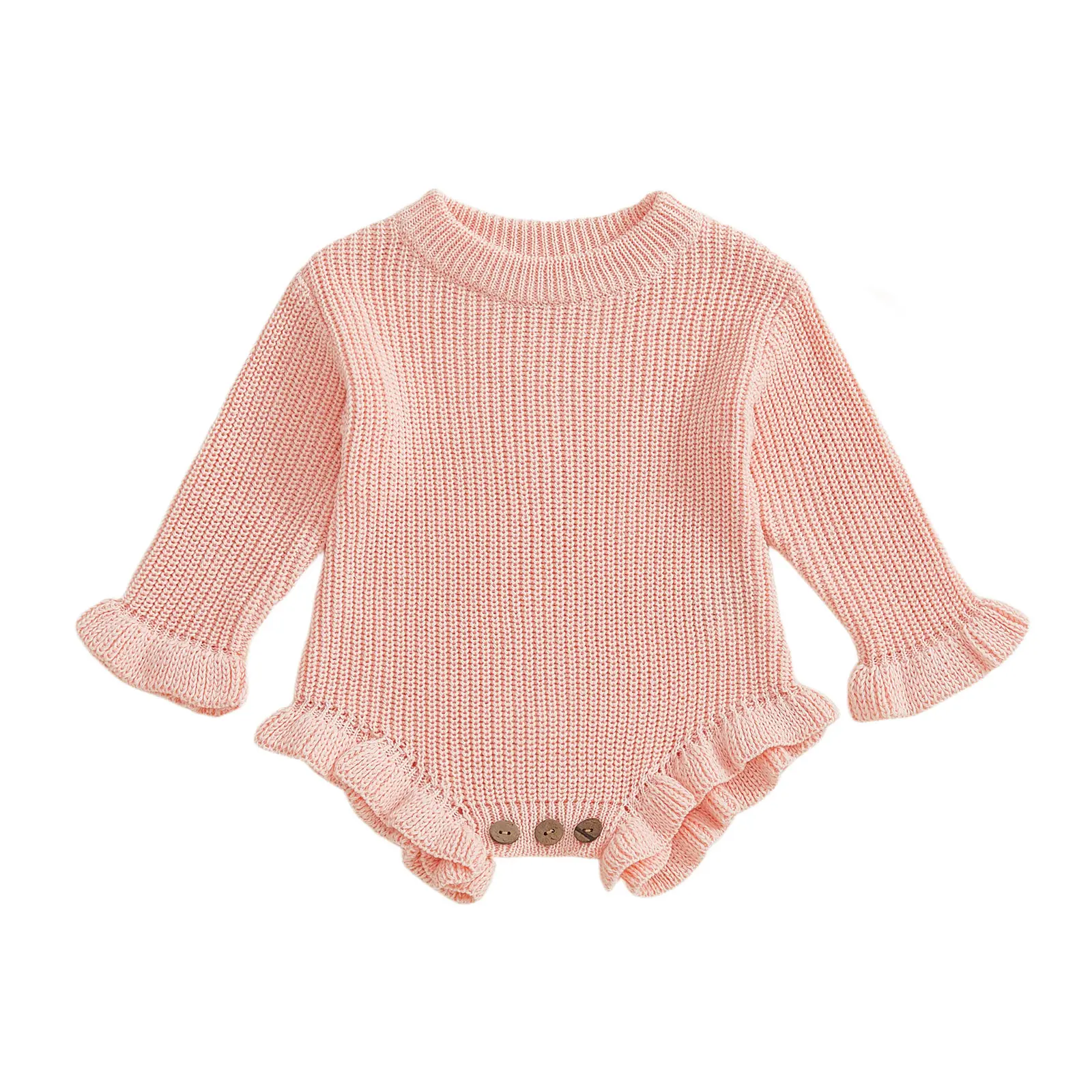 Newborn Baby Girl Sweater Romper Chunky Knit Jumper Solid Ruffle Long Sleeve Bodysuit Cute Infant Fall Winter Clothes, Button, Plain