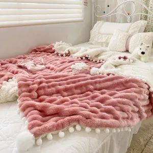 Crinkle Plush Throw Blanket with Pom Pom, Solid Color Minimalist Soft Nap Blanket for Bed, Sofa, Couch, and Home Use