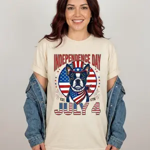 Independence Day Boston Terrier T-Shirt - Patriotic 4th of July Dog Lover Tee - Vintage American Flag Graphic Shirt - Unisex Comfort Style