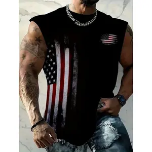 Men's Oversized Patriotic Print Sleeveless T-Shirt - Comfortable & Breathable Summer Fitness Training Vest, 95% Polyester with Spandex, Machine Washable, Regular Fit for Teens, Basketball Gear |   Casual Style Vest