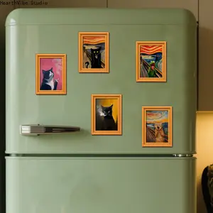 Funny Black Cat The Scream Mini Framed Magnetic Kitchen Metal Magnet, Aesthetic Vintage Oil Painting Parody, Funky Home Decor, Gothic Fridge Accessory, Cat Lover Gift