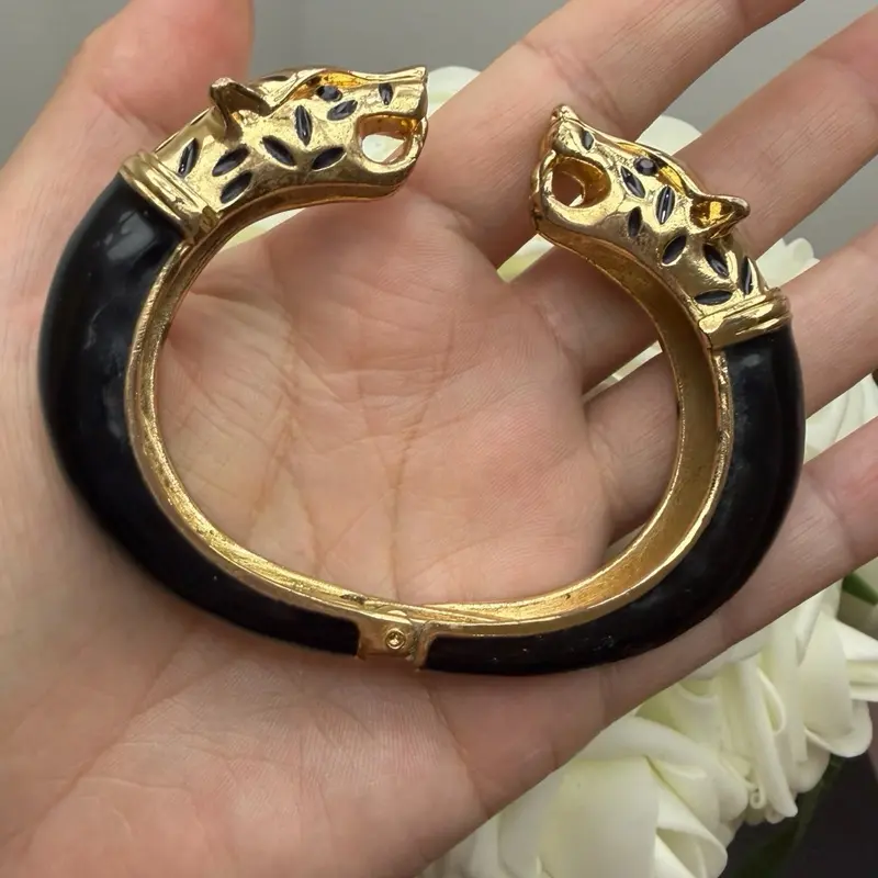 Gold and Black Panther Head Hinged Bracelet - Women Jewelry