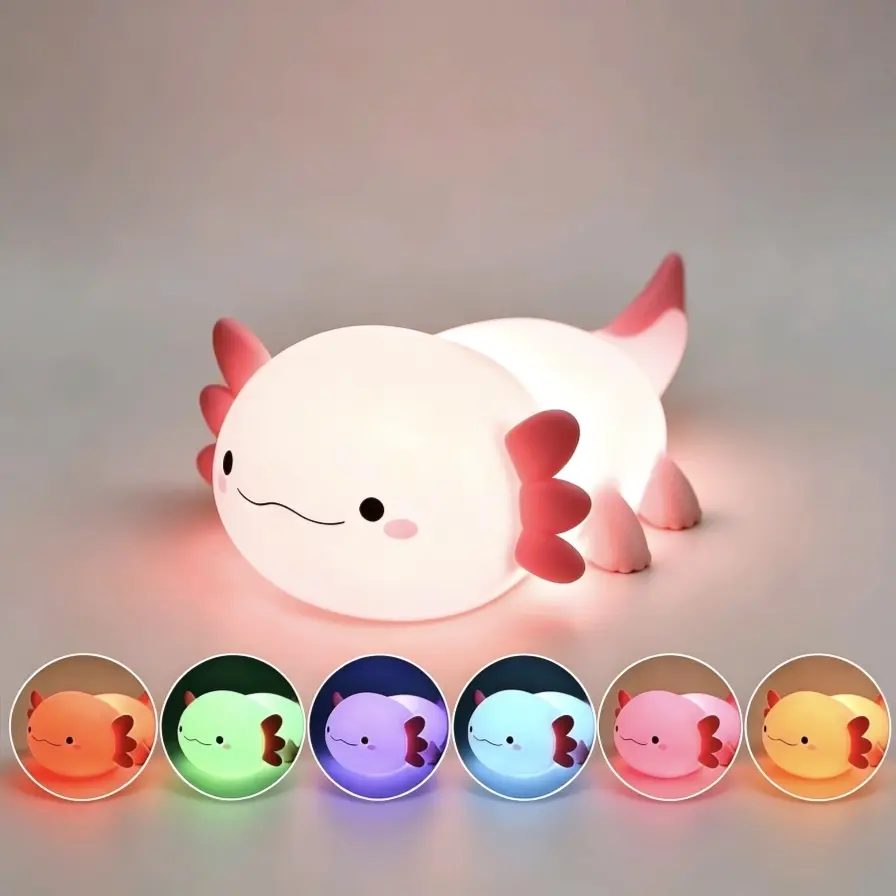 Kawaii Axolotl Night Light,Dimmable Silicone Animal Nursery Night Light,Adorable Rechargeable Squishy Novelty Bedside Touch Lamp,Baby Room Decor, Pink Night Light for Kids Teens Girls Lovers