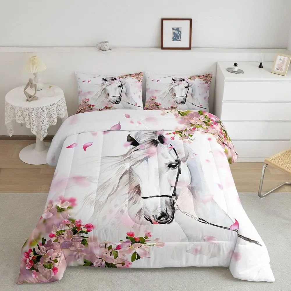 Feelyou Girls' Multi-Size Horse Bedding Set - Soft Breathable Skin-Friendly All Seasons Duvet Insert, Galloping White Animal Quilt, Travel-Friendly Western Rustic Farmhouse Bedroom Decor (King Size), Machine Wash, Microfibre
