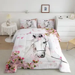 Feelyou Girls Horse Blanket Set - Soft Breathable Bedding, Chic Cherry Blossom Floral Blanket, Galloping White Duvet Insert, Wild Animal Quilt, Western Rustic Farmhouse Bedroom Decor, Skin-Friendly Comfy Textile