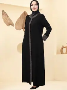 Elegant Black Abaya for Muslim, Women's Modest Islamic Dress with Lace Trim Dubai Style Modern Kaftan for Ramadan Long Sleeve Maxi Robe for Daily Wear