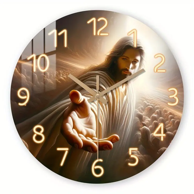 1 acrylic wall clock, Analog clock, Decorative clock, religious theme, silent clock with a tempered film surface featuring Jesus reaching out, home decoration, a gift for religious holidays, battery-powered (AA batteries not included)