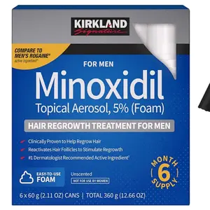 Kirkland Signature Hair Regrowth Treatment Minoxidil Foam for Men, 2.11 oz, 6 Count (6 Month Supply) - 2 MicroFiber Cleaning Cloths and Comb Included