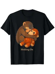 Trendy T-shirt featuring a mischievous macaque holding an emotionally rich plush toy, perfect for ladies and couples. This short sleeved T-shirt embodies street style and comfort, making it a must-have for both casual summer wear and fashion.