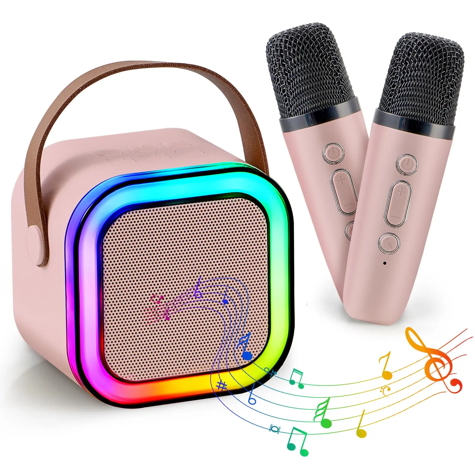 Portable Bluetooth Karaoke Speaker with 2 Wireless Microphones for Dual Mic Singing, HIFI Stereo Sound Subwoofers, Outdoor Audio & Fall KTV Parties, Light Up Your Space (White)