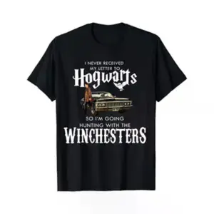 Black T-Shirt Featuring Hogwarts & Winchesters Hunting Design – Holiday Gift for Harry Potter & Supernatural Fans, Unisex Casual Tee for Adults & Teens, Geeky Festive Party Apparel