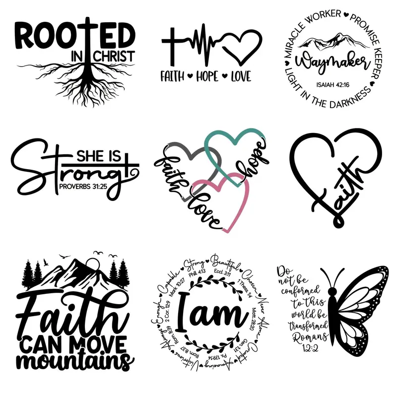 Faith-based Heat Transfer Decals, 9 Counts/set Inspirational Faith-based Heat Transfer Stickers, Versatile Handcraft Iron-on Stickers, Craft Supplies for DIY T-shirts, Jeans, and Bags, DIY Products
