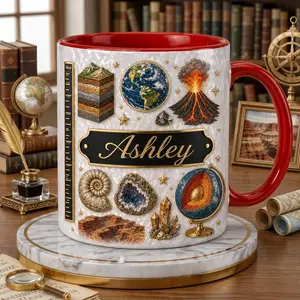 Custom Geology Teacher Name Mug, 2D Printed 3D Effect Ceramic Coffee Cup, Volcano Globe Fossil Crystal Earth Layers Design, Personalized Gift for Geology Teachers, Earth Science Students, Rock Collectors, Birthday Gift