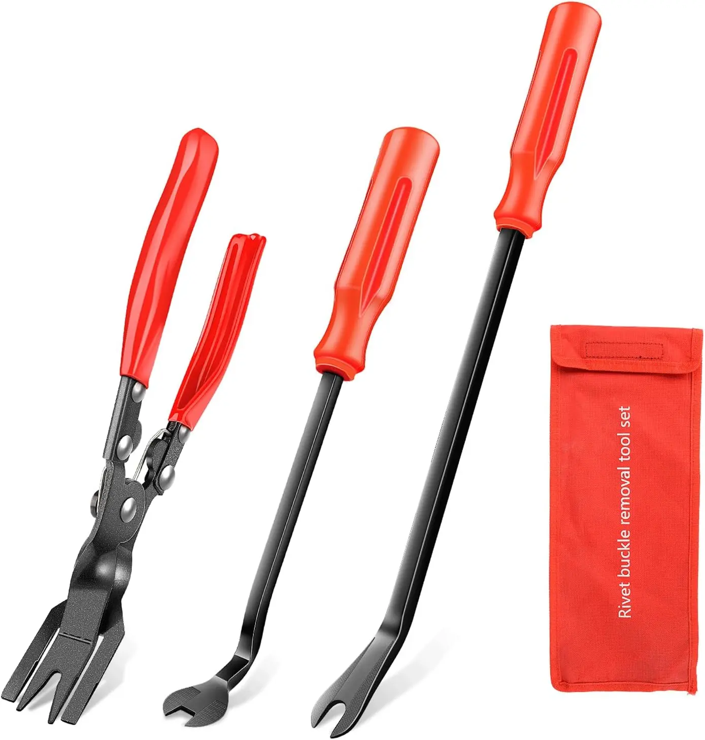 3-piece automatic clip set and fastener remover, automotive decoration rivet removal pry tools repair kit, includes storage bag for plastic fasteners on car door panels, seats, and dashboards