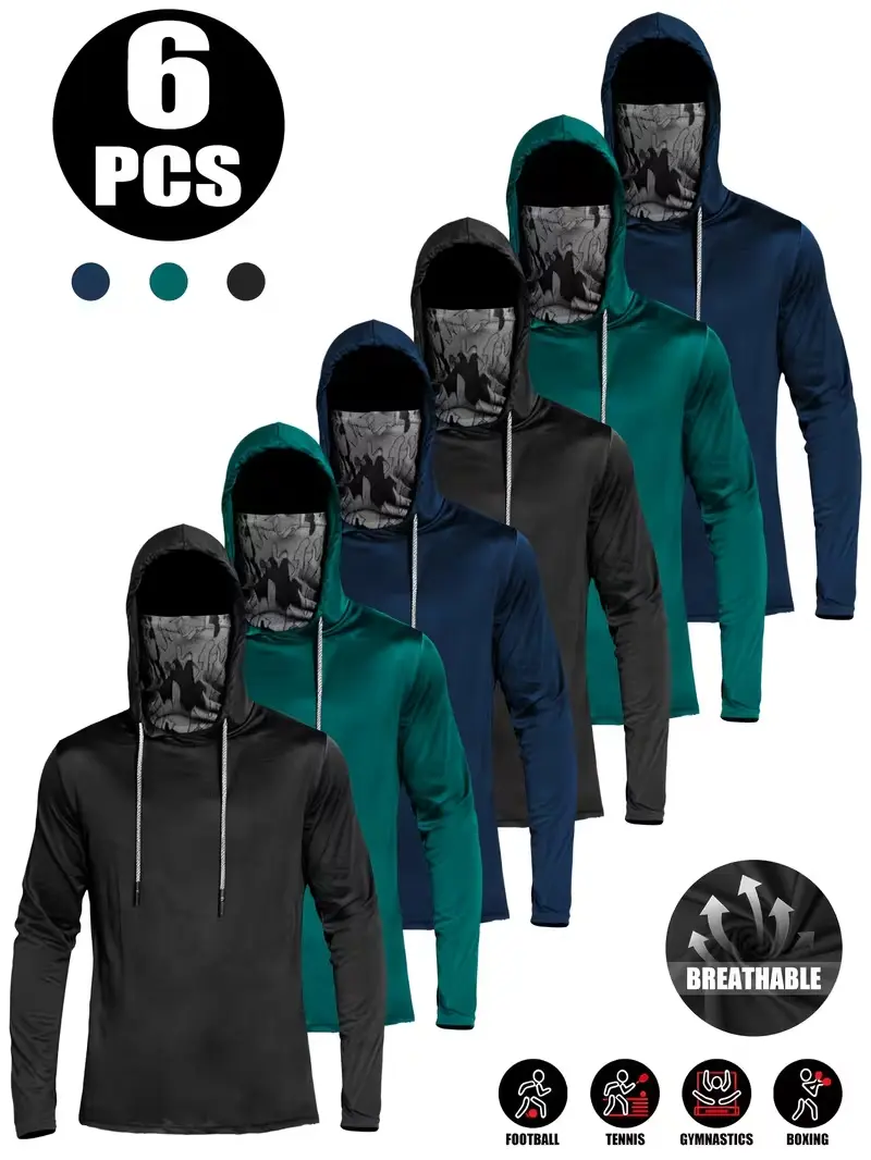 6-Pack Men's Tactical Performance Hoodies with Built-in Camo Face Mask, Quick-Dry Long Sleeve Tops for Hiking, Outdoors & Boxing, Male, Urban Camo, Pullover, Gym