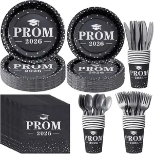 Graduation Party Supplies Plates and Napkins Serve 25,Prom Send off 2026 Disposable Paper Plates and Napkins Set Cups Knives Spoon for Class of 2026 Graduation Party Decorations Black and Silver