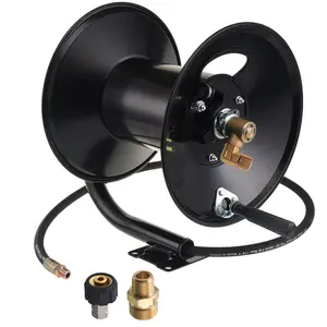M MINGLE Heavy Duty Steel High Pressure Washer Hose Reel, 150ft Manual Crank Reel with 3/8" Kink-Free Leak-Proof Pressure Wash Whip Hose, Swivel Arm, Mounting Bracket, 4000 PSI Performance, Kink Free Hose, Leak Proof Hose fathersdaygift