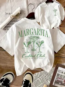 Vintage Margarita Cocktail Club Graphic T-Shirt, Retro "Save Water Drink Margs" Print Oversized Crew Neck Tee, Women's Short Sleeve Streetwear Cotton Top, Trendy Bachelorette Aesthetic Shirt for Cocktail Lovers, Party Girls and Bar Enthusiasts