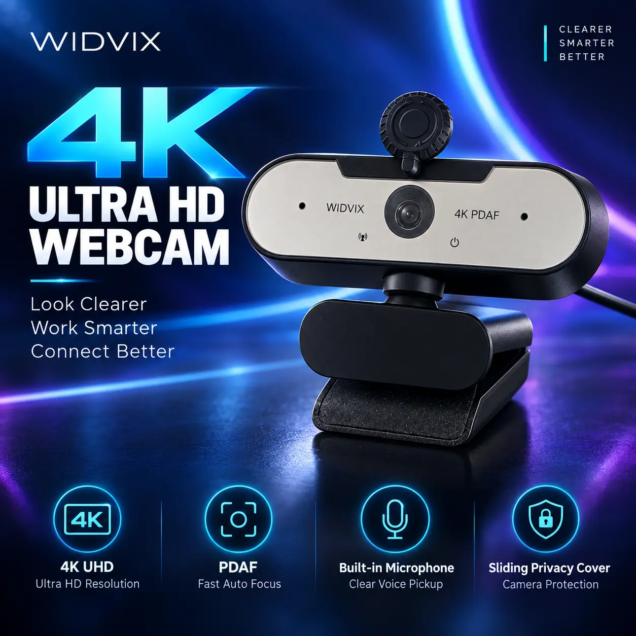 4K PDAF Auto Focus Webcam, WIDVIX Camera with Microphone, Webcam Cover, Noise-Canceling Microphone, 110° Wide Angle, Auto Low-Light Correction, USB Plug and Play, 360° Rotatable Mount, Tabletop Clip, Tripod, Live Streaming Equipment for Video Conferencing