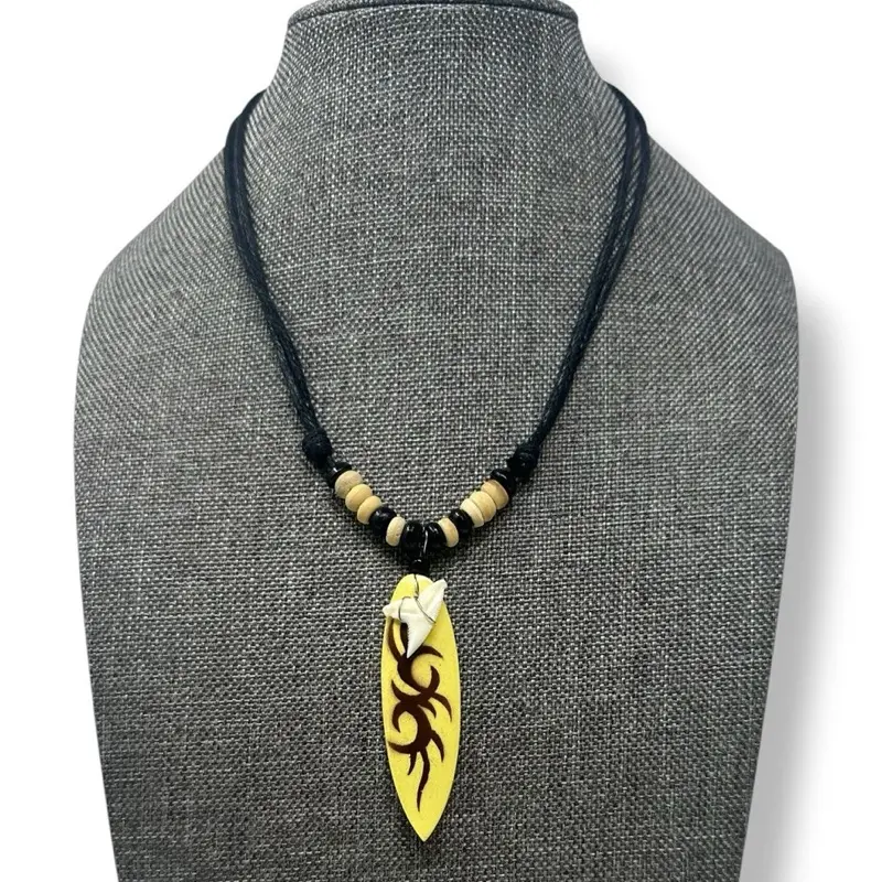 Adjustable Pendant Necklace with Surfboard and Shark Tooth Charms