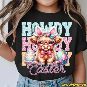 Howdy Honey Easter T-Shirt/Sweatshirt/Hoodie, Cute Highland Cow Bunny Ears Graphic Hoodie, Western Easter Eggs Shirt, Spring Farm Animal Gift, For Men and For Women