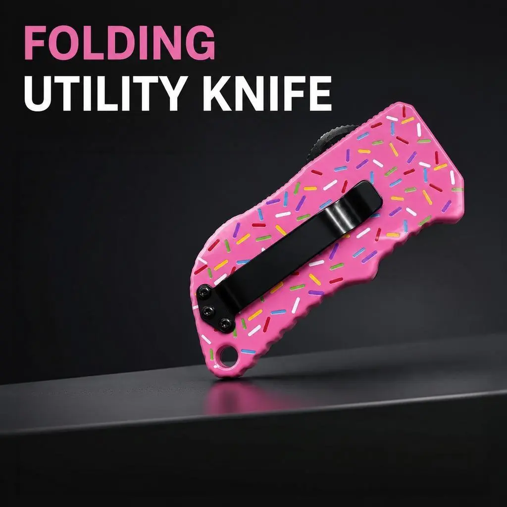 Retractable Utility Knife with Anti-Slip Grip, Cute Sprinkle-Print Pocket Clip, Compact Multi-Purpose Cutting Tool for Camping, Home & Office Daily Tasks