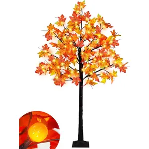 6 FT 96 LED Lighted Maple Tree Fall Thanksgiving Decor Light Up Fall Artificial Maple Tree with 24 Pumpkin Lights Timer 8 Flashing Modes for Autumn Harvest Indoor Outdoor Decoration