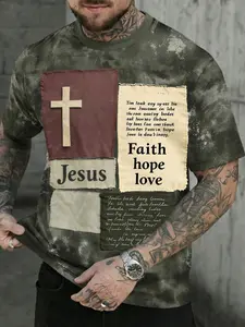 Men's Vintage Jesus Cross Print T-Shirt, Religious Patchwork Design, Breathable Streetwear, Loose-Fit Casual Top, Long Sleeveless Tee