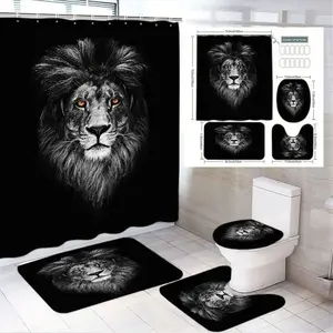 1/4pcs Black and White Lion Head Shower Curtain Set - Includes Toilet Seat Cover, 2 Bath Mats, Lion - Themed Bathroom Decor for Home, Ideal for Easter, St Patrick’s Day, Valentine’s Day, Mother’s Day, Father’s Day, Housewarming Gift, Cozy & Stylish