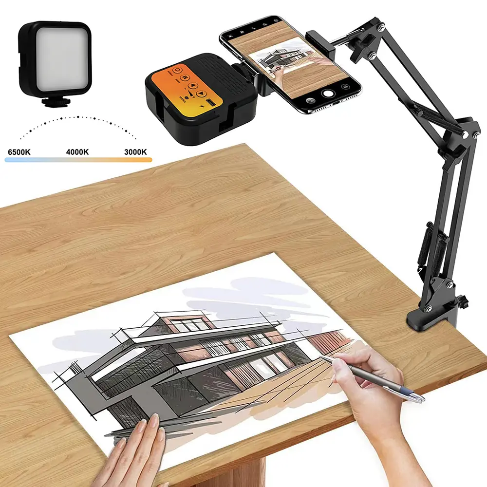 Overhead Phone Tripod with Rechargeable Selfie Light & Phone Holder for Video Recording, Camera Light with Desk Tripod Stand for Content Creator Selfie Photography Live Streaming TikTok Youtube Vlogging