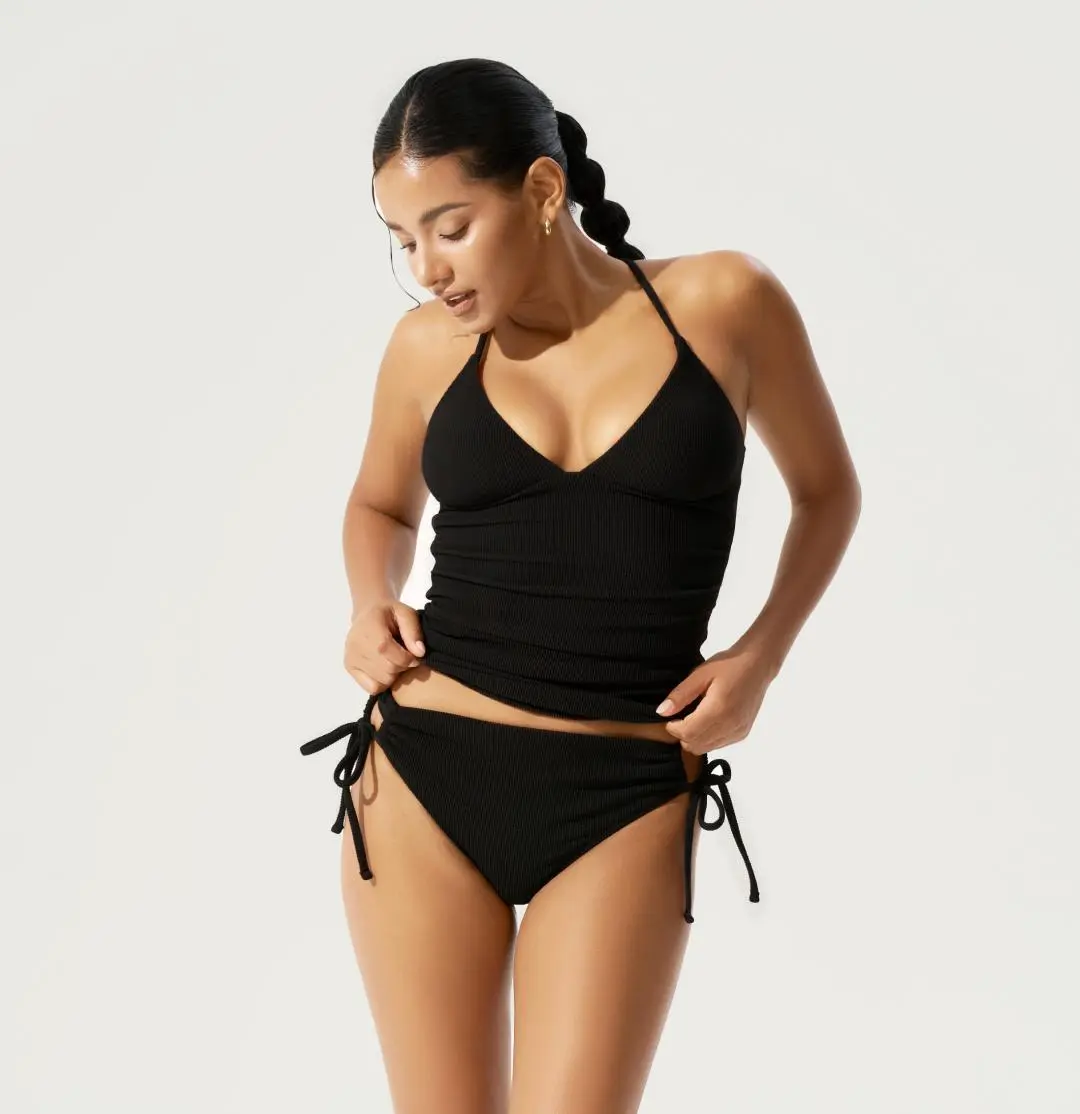 Women's Stylish BodyTips V-Neck Seamless Tankini Swimsuit Set - Slimming, Cooling, Full Coverage, Soft Fabric, Flattering Shape Black Top, Swimming Beach Wear for Pool Vacation, Sunbathing, Tankiniswimwear
