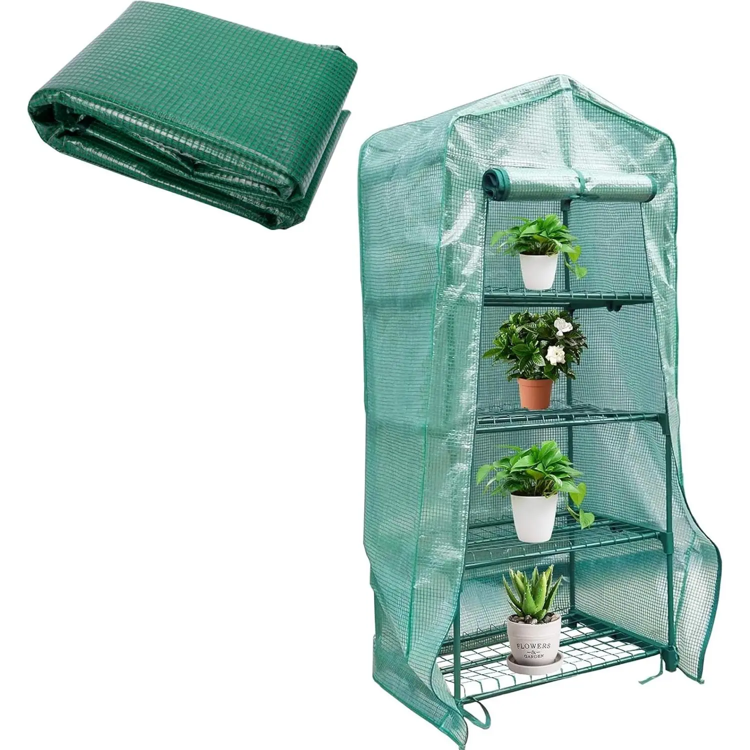 4 Tier Greenhouse  Cover with Roll-Up Zipper Door-PE  Greenhouse Cover for Indoor Outdoors Gardening  Cold Frost Protection Wind Rain Proof (Frame NOT Include)
