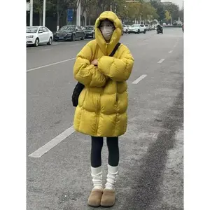 Winter Solid Medium to Long Hooded Down Jacket Female Loose Thick Warm Quilted Jacket Coat Women White Duck Down Parker Outwears