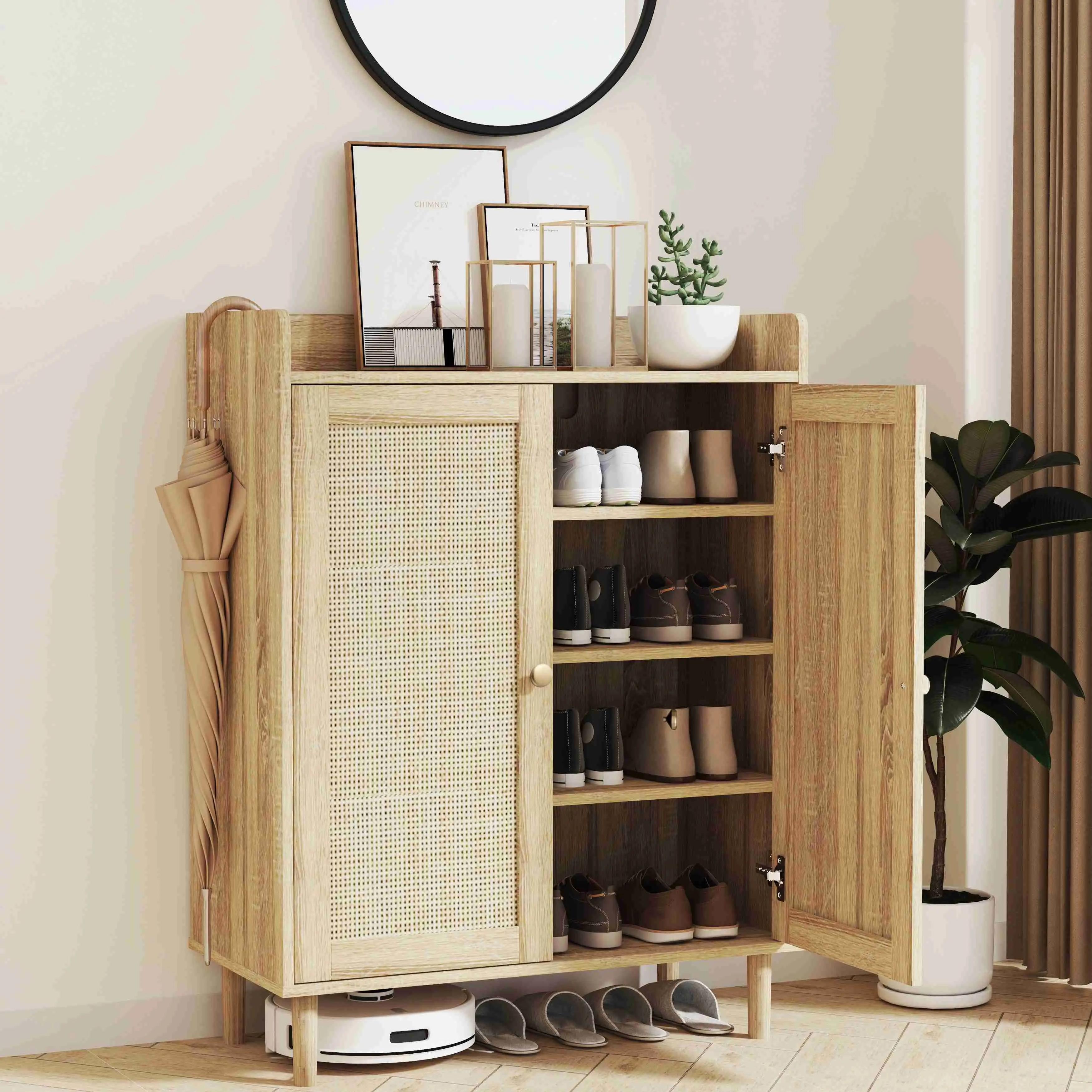 4-Tier Stylish Modern Wooden Shoe Cabinet with Rattan Doors, Flexible Adjustable Shelves, Sturdy Shoe Rack Organizer, Large Capacity Storage Cabinets for Entryway, Hallway (15-20 Kg Household Furniture) Shoe Storage Decoration
