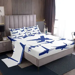 Feelyou Airplane Pattern Bedding Set - Luxury Blue and White Aircraft-Themed Sheet Set with Deep Pocket Fitted Sheet, Travel-Inspired Bedroom Decor