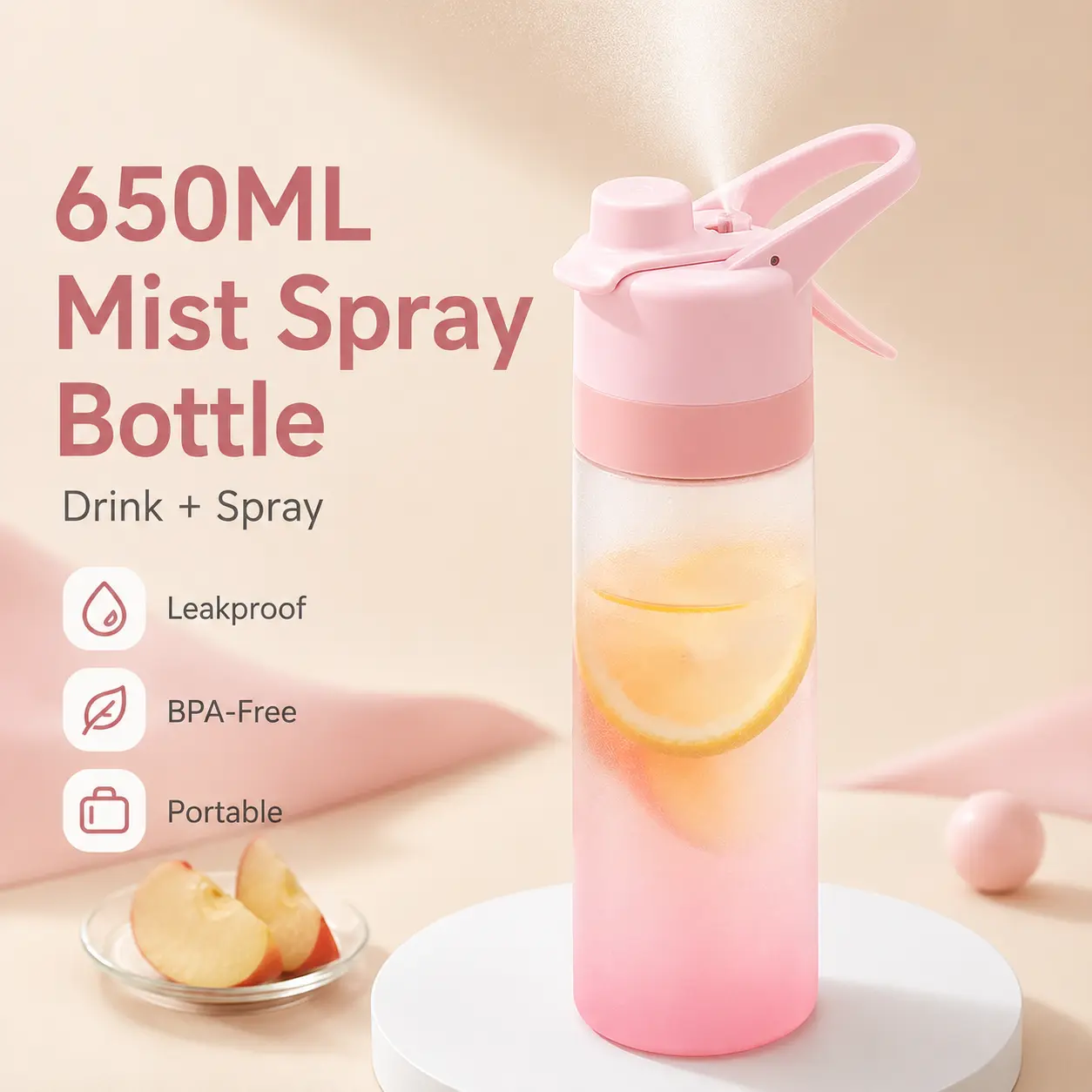 650ml Gradient Leakproof Water Bottle with Spray Mist, BPA-Free Sports Hydration Bottle, Portable Drinkware for Gym, Travel & Outdoor Use