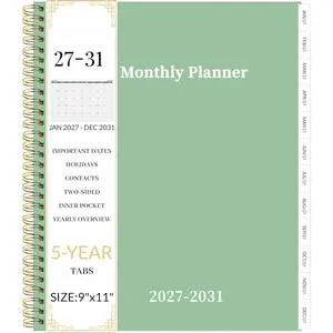 2027-2031 Monthly Planner 5 Year Monthly Planner/Calendar 2027-2031, Jan 2027 - Dec 2031, 9" x 11", Tabs, Double-Side Pocket, Holidays, Thick Paper - Green