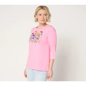 Quacker Factory Wildflower Fields Embroidered 3/4 Sleeve Top